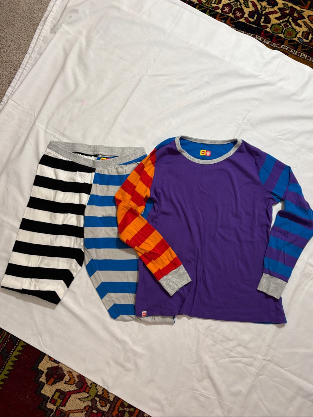 Lego Purple Top with Multi-Color Striped Sleeves and Striped Pants